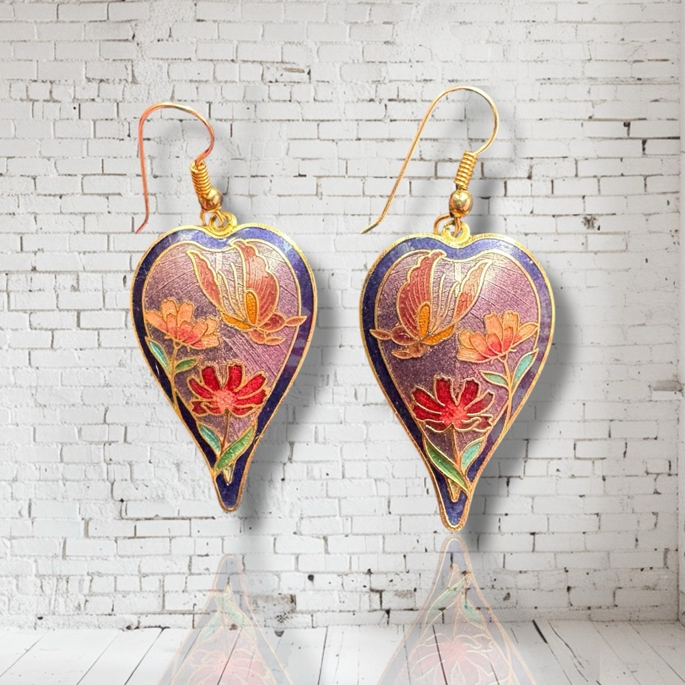 Vintage Cloisonné Butterfly Floral Enamel Earrings
